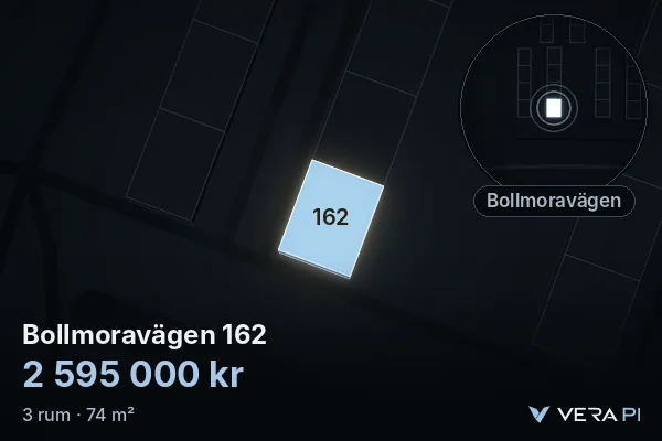 VERA PI's image of Bollmoravägen 162: the building in 3D, lit in blue, and the map around it