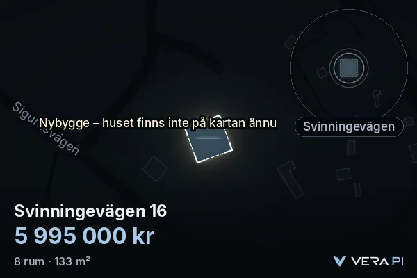 VERA PI:s bild av Svinningevägen 16: huset i 3D, upplyst i blått, och kartan runt omkring
