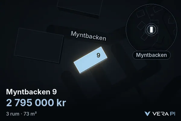 VERA PI:s bild av Myntbacken 9: huset i 3D, upplyst i blått, och kartan runt omkring