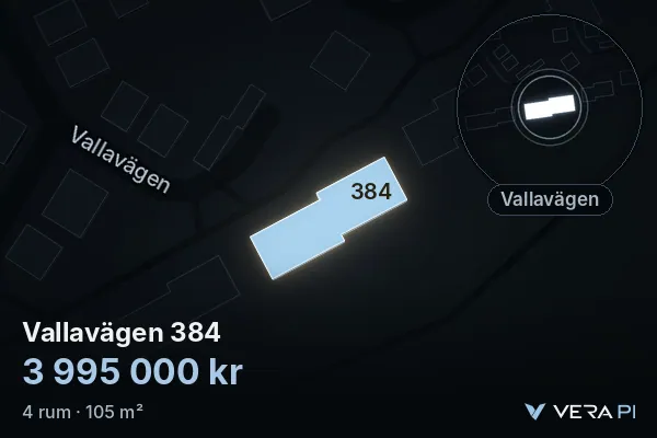VERA PI:s bild av Vallavägen 384: huset i 3D, upplyst i blått, och kartan runt omkring