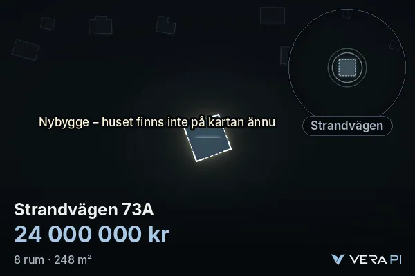 VERA PI's image of Strandvägen 73A: the building in 3D, lit in blue, and the map around it