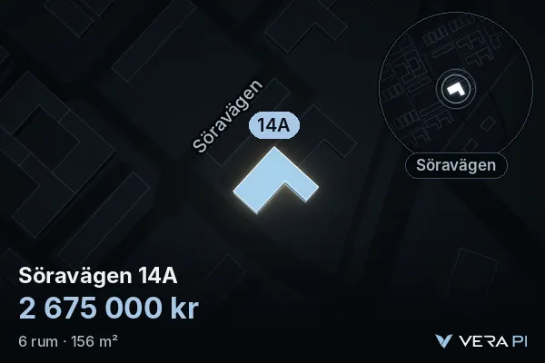 VERA PI:s bild av Söravägen 14A: huset i 3D, upplyst i blått, och kartan runt omkring