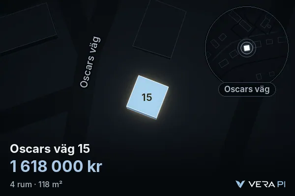 VERA PI's image of Oscars väg 15: the building in 3D, lit in blue, and the map around it