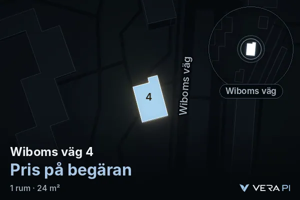 VERA PI's image of Wiboms väg 4: the building in 3D, lit in blue, and the map around it
