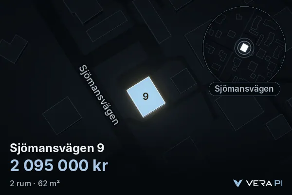 VERA PI:s bild av Sjömansvägen 9: huset i 3D, upplyst i blått, och kartan runt omkring