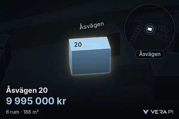 VERA PI:s bild av Åsvägen 20: huset i 3D, upplyst i blått, och kartan runt omkring