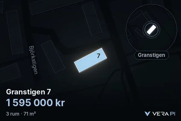 VERA PI's image of Granstigen 7: the building in 3D, lit in blue, and the map around it