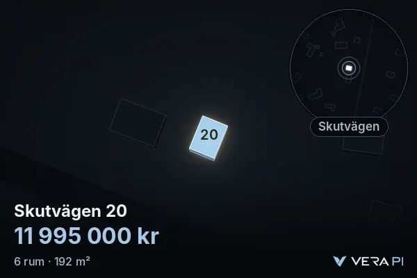 VERA PI:s bild av Skutvägen 20: huset i 3D, upplyst i blått, och kartan runt omkring