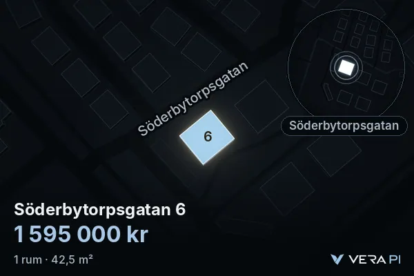 VERA PI:s bild av Söderbytorpsgatan 6: huset i 3D, upplyst i blått, och kartan runt omkring