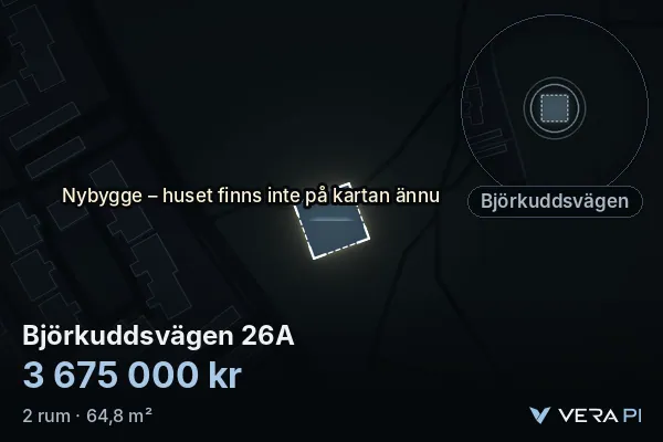 VERA PI:s bild av Björkuddsvägen 26A: huset i 3D, upplyst i blått, och kartan runt omkring