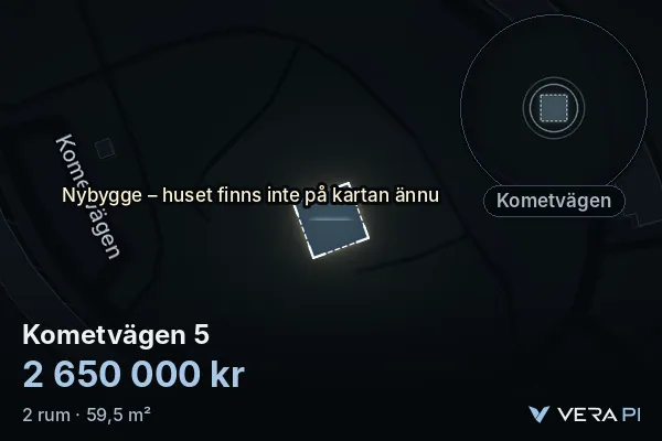 VERA PI:s bild av Kometvägen 5: huset i 3D, upplyst i blått, och kartan runt omkring