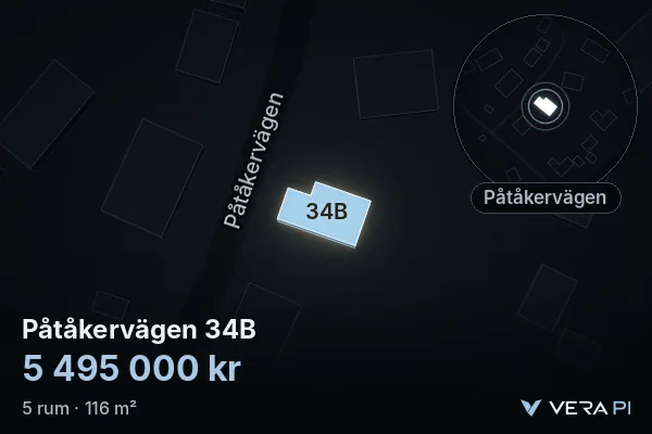VERA PI's image of Påtåkervägen 34B: the building in 3D, lit in blue, and the map around it