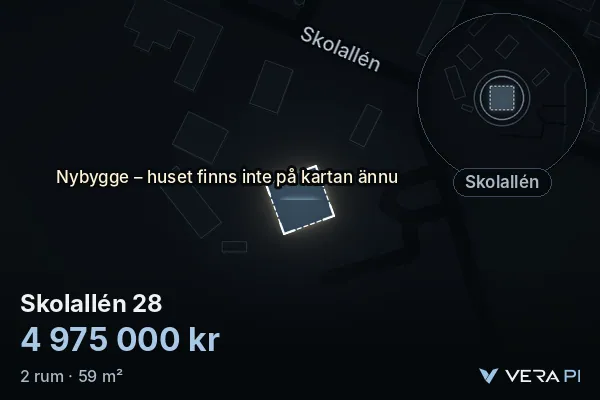 VERA PI:s bild av Skolallén 28: huset i 3D, upplyst i blått, och kartan runt omkring