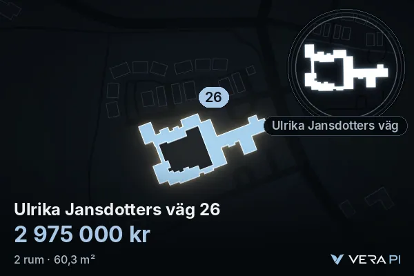 VERA PI's image of Ulrika Jansdotters väg 26: the building in 3D, lit in blue, and the map around it