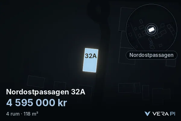VERA PI:s bild av Nordostpassagen 32A: huset i 3D, upplyst i blått, och kartan runt omkring
