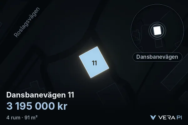 VERA PI:s bild av Dansbanevägen 11: huset i 3D, upplyst i blått, och kartan runt omkring