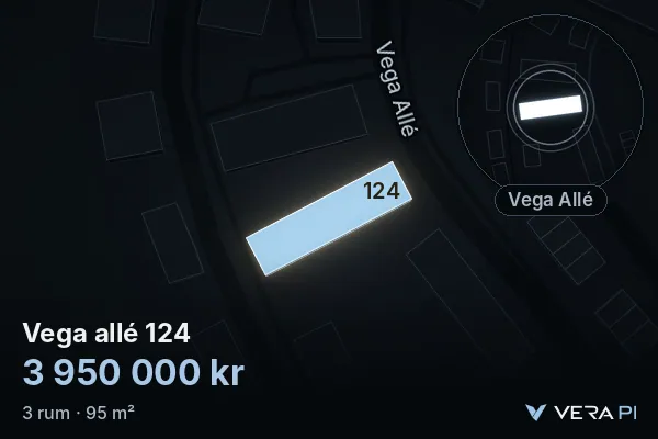 VERA PI:s bild av Vega allé 124: huset i 3D, upplyst i blått, och kartan runt omkring