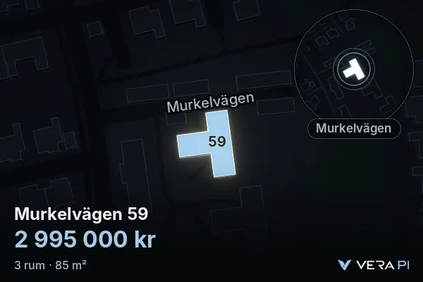 VERA PI's image of Murkelvägen 59: the building in 3D, lit in blue, and the map around it