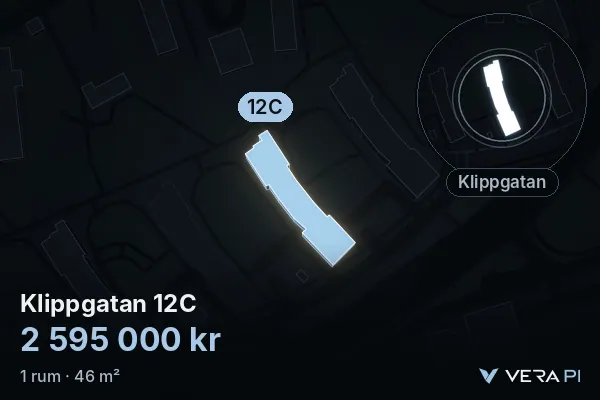 VERA PI's image of Klippgatan 12C: the building in 3D, lit in blue, and the map around it