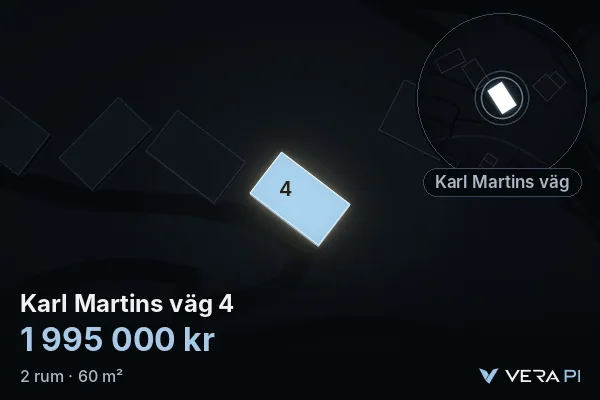 VERA PI's image of Karl Martins väg 4: the building in 3D, lit in blue, and the map around it