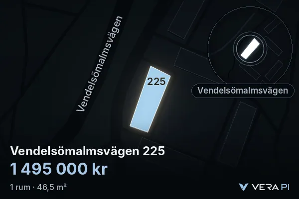 VERA PI:s bild av Vendelsömalmsvägen 225: huset i 3D, upplyst i blått, och kartan runt omkring
