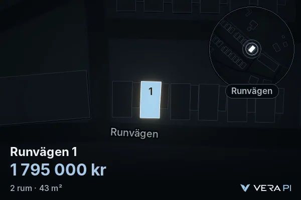 VERA PI:s bild av Runvägen 1: huset i 3D, upplyst i blått, och kartan runt omkring
