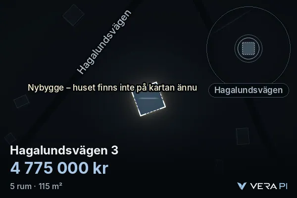 VERA PI:s bild av Hagalundsvägen 3: huset i 3D, upplyst i blått, och kartan runt omkring