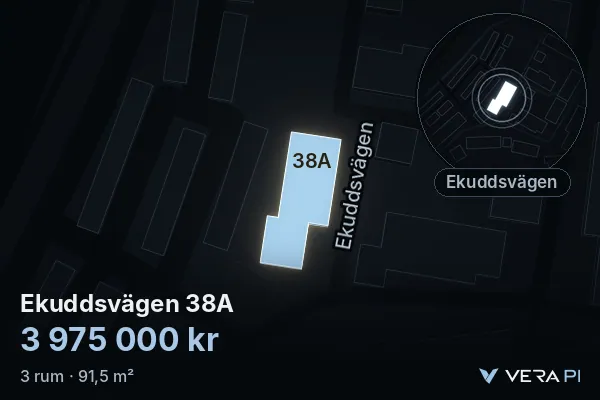 VERA PI:s bild av Ekuddsvägen 38A: huset i 3D, upplyst i blått, och kartan runt omkring