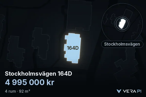 VERA PI:s bild av Stockholmsvägen 164D: huset i 3D, upplyst i blått, och kartan runt omkring