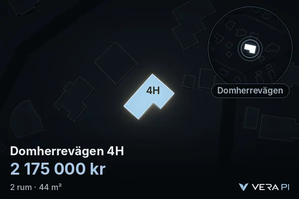 VERA PI's image of Domherrevägen 4H: the building in 3D, lit in blue, and the map around it