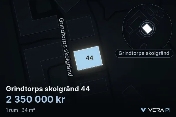 VERA PI:s bild av Grindtorps skolgränd 44: huset i 3D, upplyst i blått, och kartan runt omkring