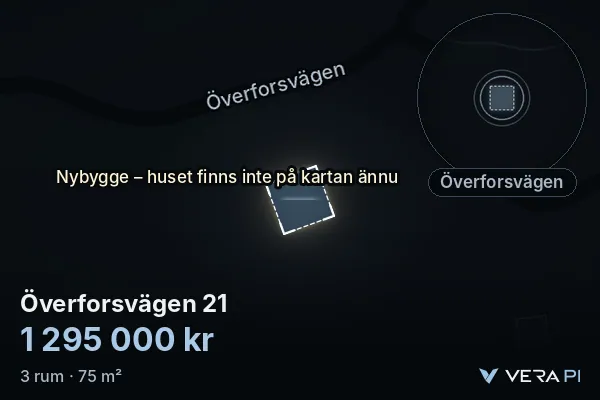 VERA PI:s bild av Överforsvägen 21: huset i 3D, upplyst i blått, och kartan runt omkring