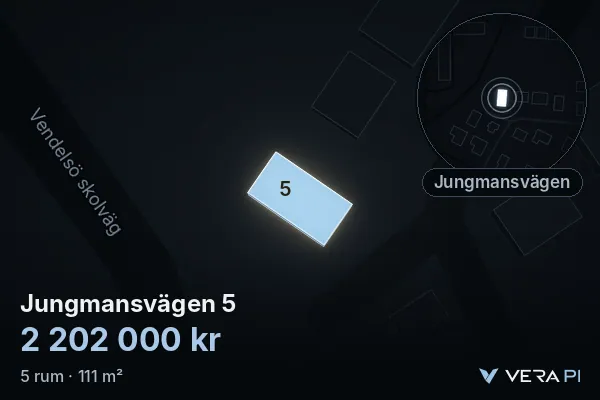 VERA PI:s bild av Jungmansvägen 5: huset i 3D, upplyst i blått, och kartan runt omkring