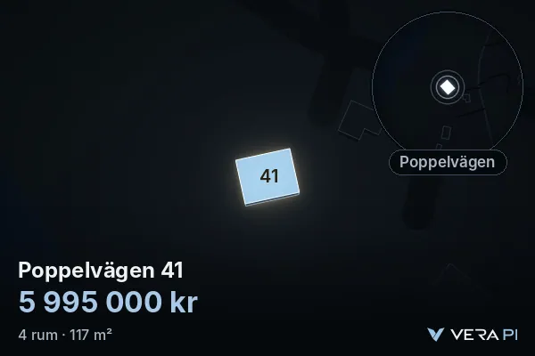 VERA PI:s bild av Poppelvägen 41: huset i 3D, upplyst i blått, och kartan runt omkring