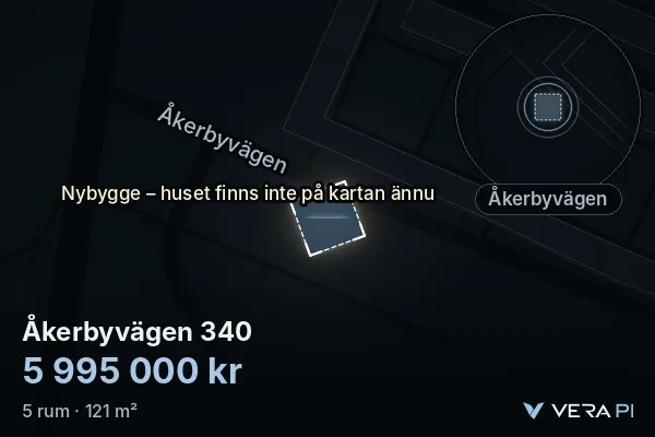 VERA PI:s bild av Åkerbyvägen 340: huset i 3D, upplyst i blått, och kartan runt omkring
