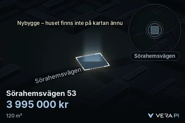 VERA PI:s bild av Sörahemsvägen 53: huset i 3D, upplyst i blått, och kartan runt omkring