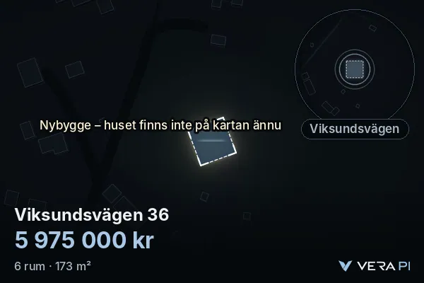 VERA PI's image of Viksundsvägen 36: the building in 3D, lit in blue, and the map around it