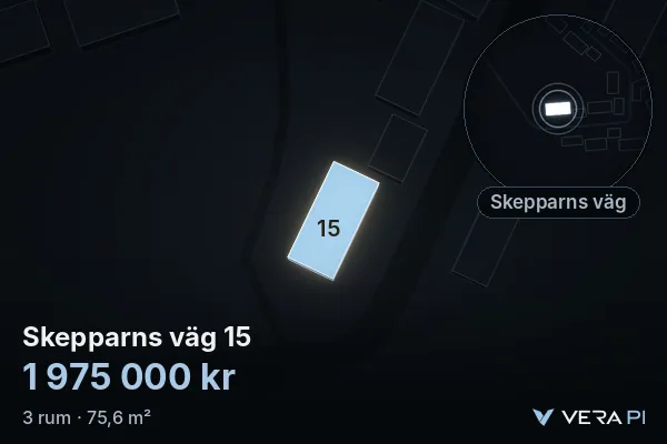 VERA PI:s bild av Skepparns väg 15: huset i 3D, upplyst i blått, och kartan runt omkring