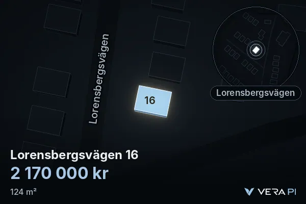 VERA PI:s bild av Lorensbergsvägen 16: huset i 3D, upplyst i blått, och kartan runt omkring