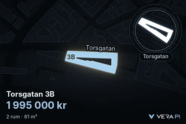 VERA PI:s bild av Torsgatan 3B: huset i 3D, upplyst i blått, och kartan runt omkring