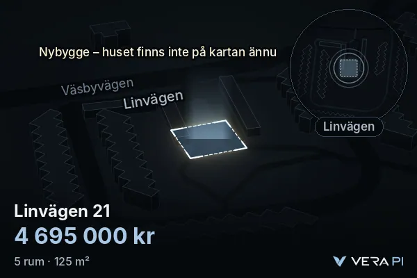 VERA PI:s bild av Linvägen 21: huset i 3D, upplyst i blått, och kartan runt omkring
