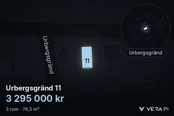VERA PI's image of Urbergsgränd 11: the building in 3D, lit in blue, and the map around it
