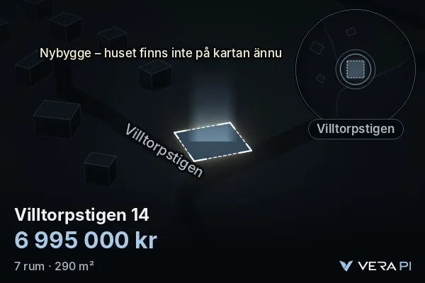 VERA PI:s bild av Villtorpstigen 14: huset i 3D, upplyst i blått, och kartan runt omkring