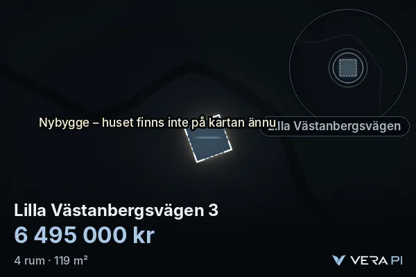 VERA PI:s bild av Lilla Västanbergsvägen 3: huset i 3D, upplyst i blått, och kartan runt omkring