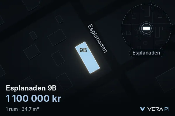 VERA PI's image of Esplanaden 9B: the building in 3D, lit in blue, and the map around it