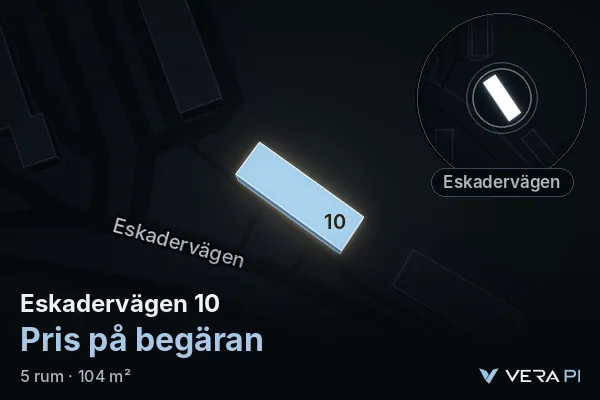 VERA PI's image of Eskadervägen 10: the building in 3D, lit in blue, and the map around it