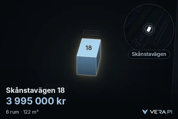 VERA PI:s bild av Skånstavägen 18: huset i 3D, upplyst i blått, och kartan runt omkring