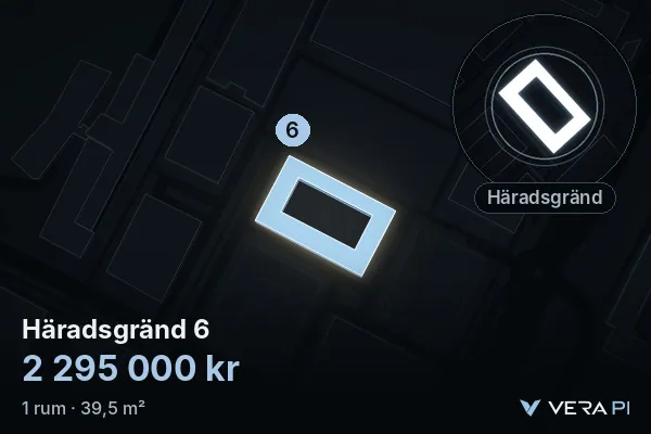 VERA PI:s bild av Häradsgränd 6: huset i 3D, upplyst i blått, och kartan runt omkring