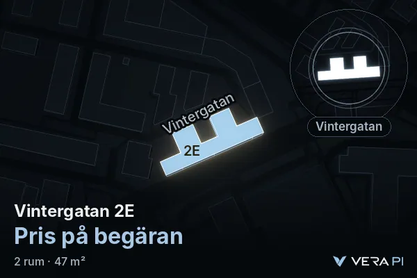 VERA PI:s bild av Vintergatan 2E: huset i 3D, upplyst i blått, och kartan runt omkring
