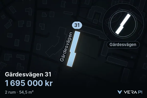 VERA PI's image of Gärdesvägen 31: the building in 3D, lit in blue, and the map around it
